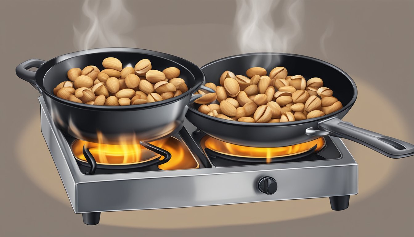 Nuts sizzling in a pan on a gas stove, releasing a toasty aroma