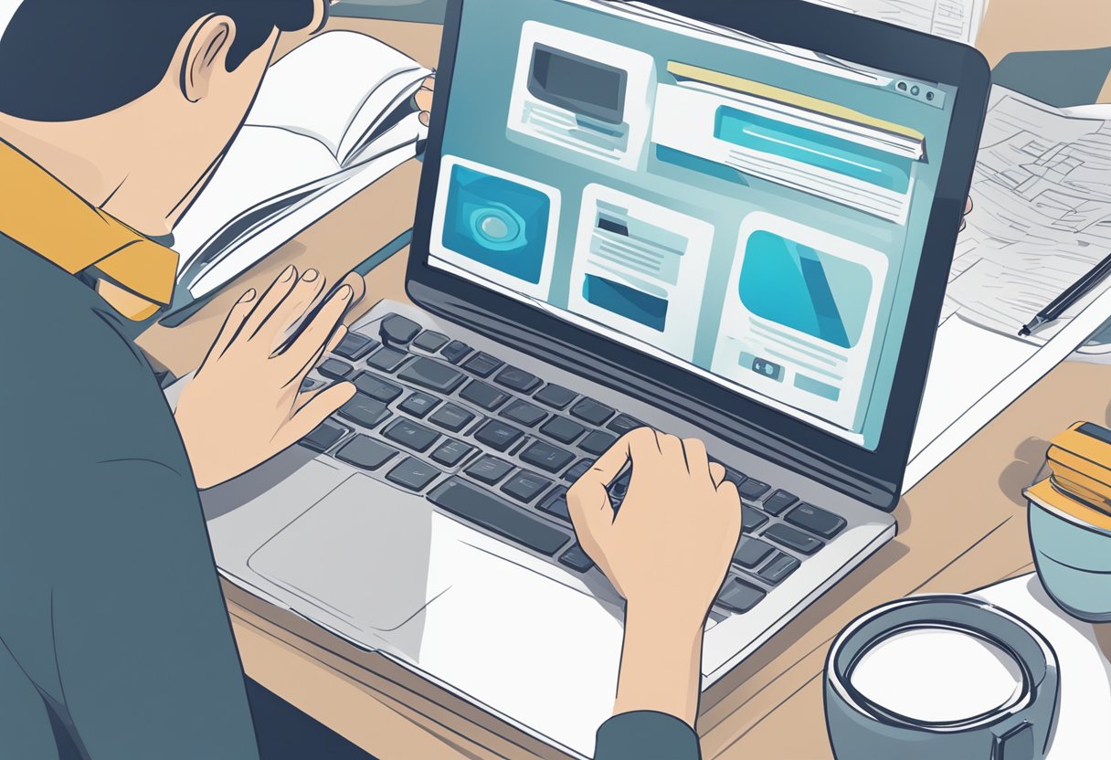 Upgrade Your Website 4 A computer screen displaying a website being updated with new technical features. A person's hand is using a mouse to click on the update button