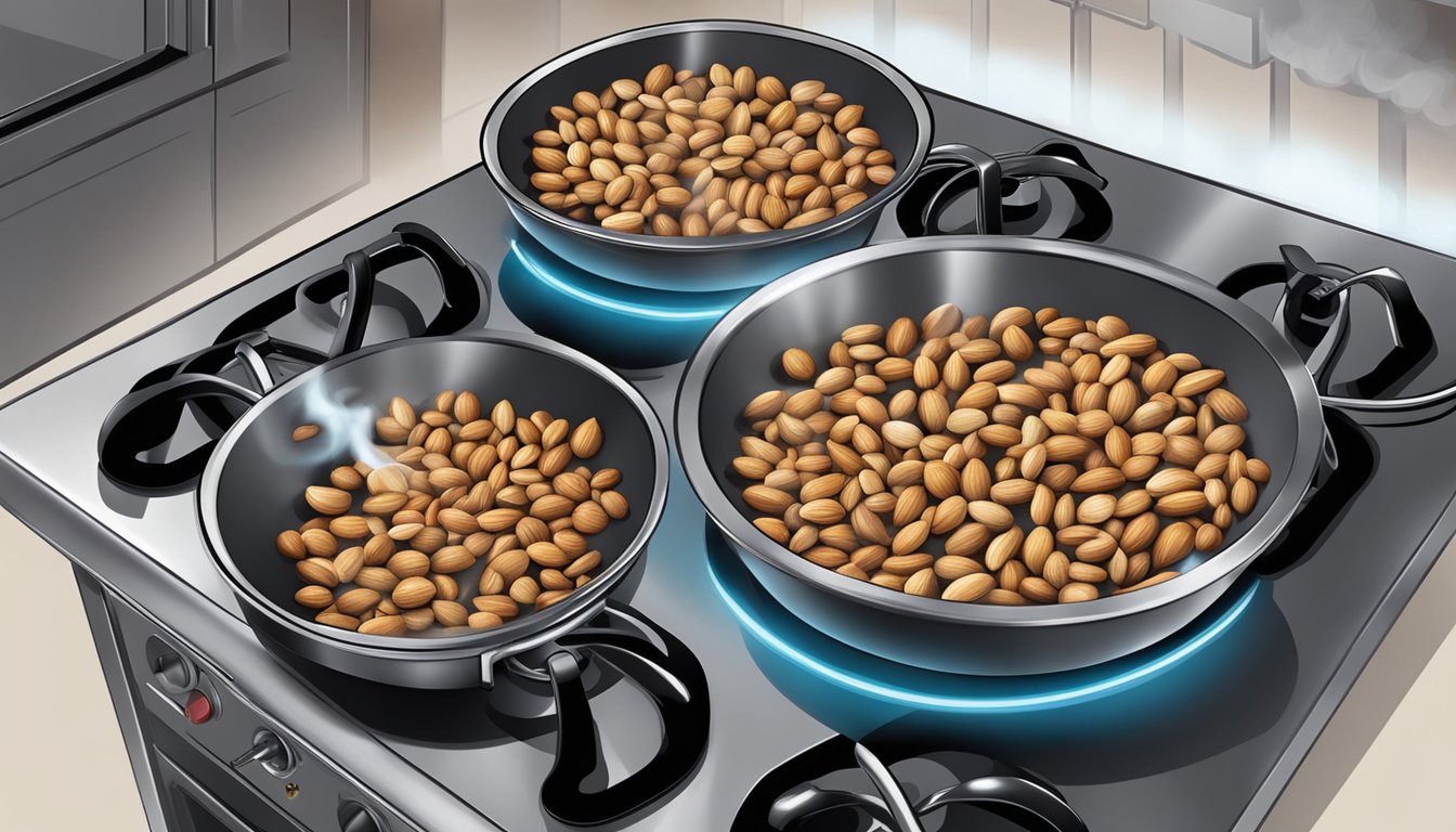 A stovetop with a pan of nuts, emitting smoke, as the heat is too high