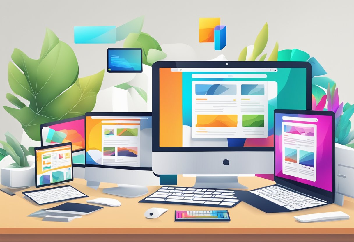 Upgrade Your Website 5 A computer screen with a vibrant, dynamic website layout surrounded by various digital devices