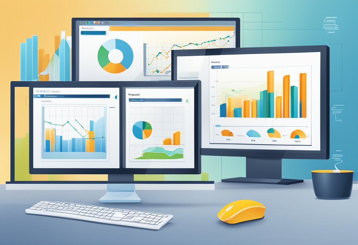Upgrade Your Website 7 A computer screen displaying graphs and charts, with a mouse cursor clicking on a button labeled "Upgrade."