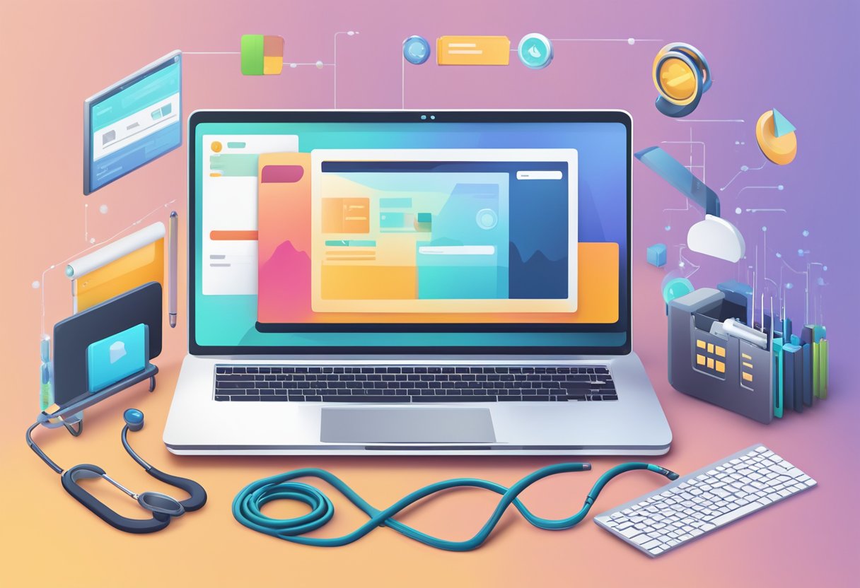 Upgrade Your Website 8 A laptop with a stethoscope on the keyboard, surrounded by various website maintenance tools and a progress bar showing an upgrade in process