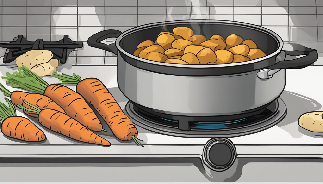 A pot of potatoes and carrots simmer next to a sizzling roast on a stovetop