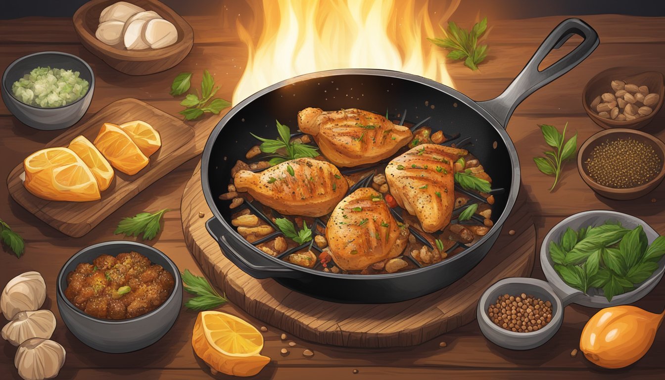 A sizzling skillet with marinated chicken cooking over an open flame, surrounded by aromatic spices and herbs