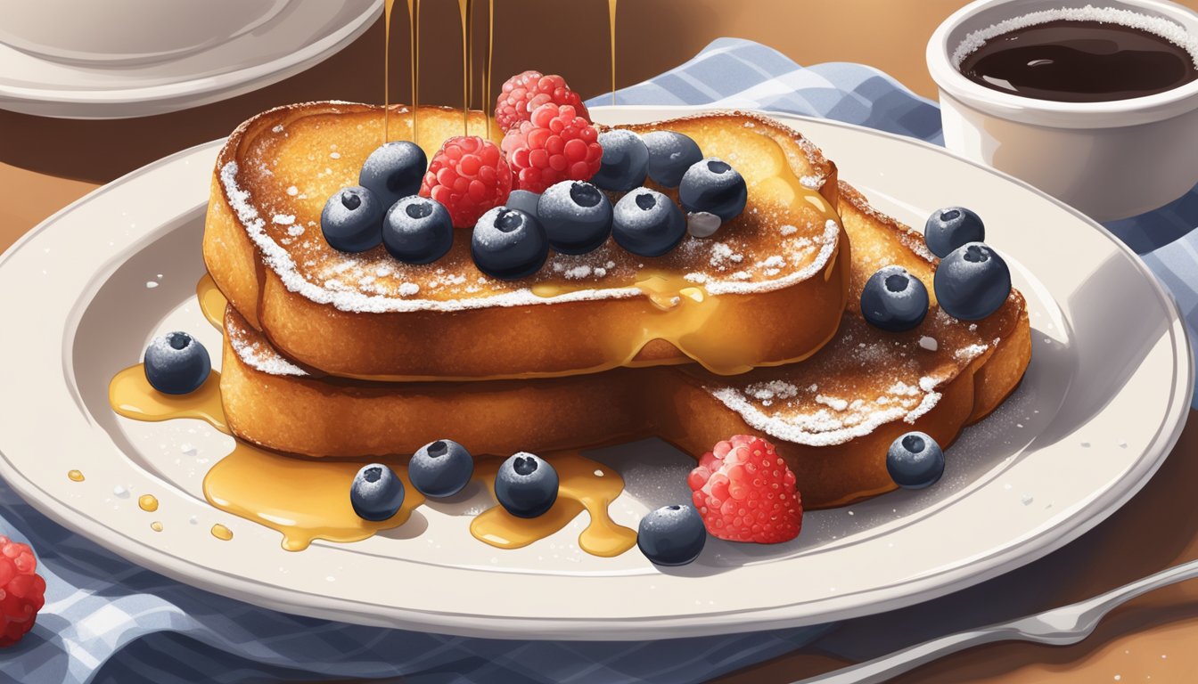 A golden-brown stovetop french toast on a white plate with a drizzle of syrup and a dusting of powdered sugar, accompanied by a side of fresh berries