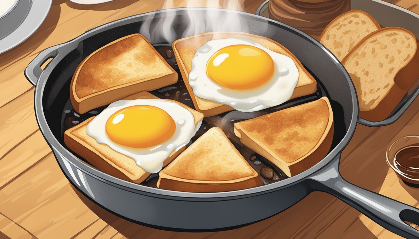 A skillet sizzles as thick slices of bread soak in a mixture of eggs, milk, and cinnamon. The aroma of vanilla and butter fills the air as the French toast turns golden brown