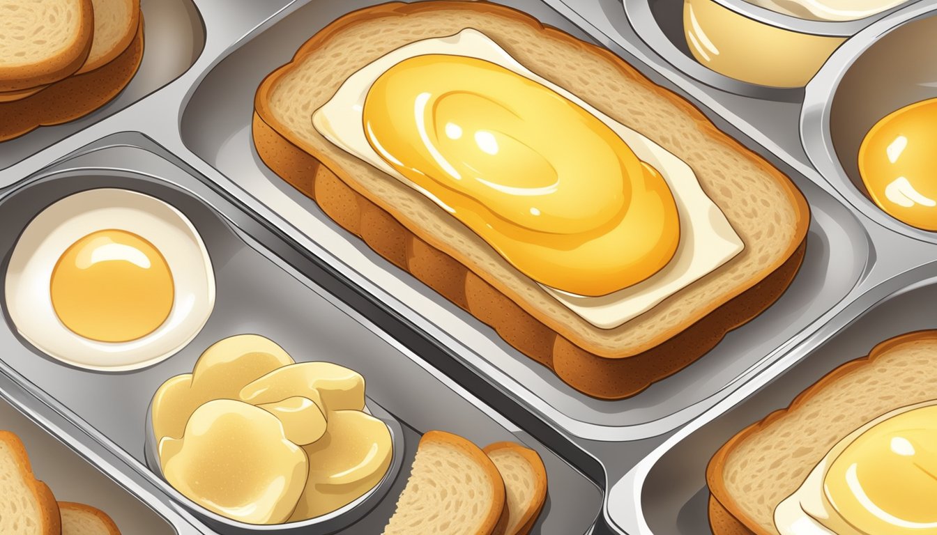 Golden slices of bread soak in a mixture of eggs, milk, and vanilla in a shallow dish, ready to be cooked on a sizzling stovetop griddle