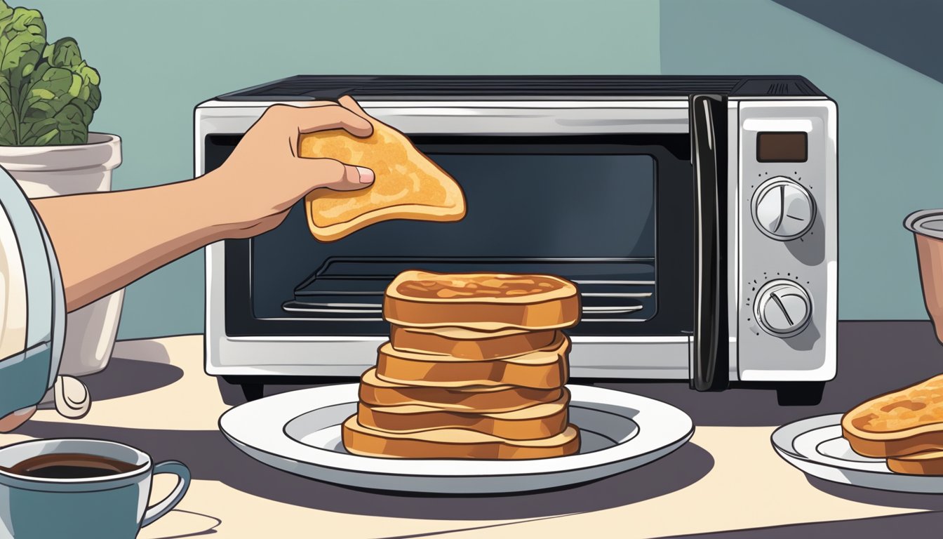 A hand placing a stack of stovetop French toast onto a plate, with a microwave in the background