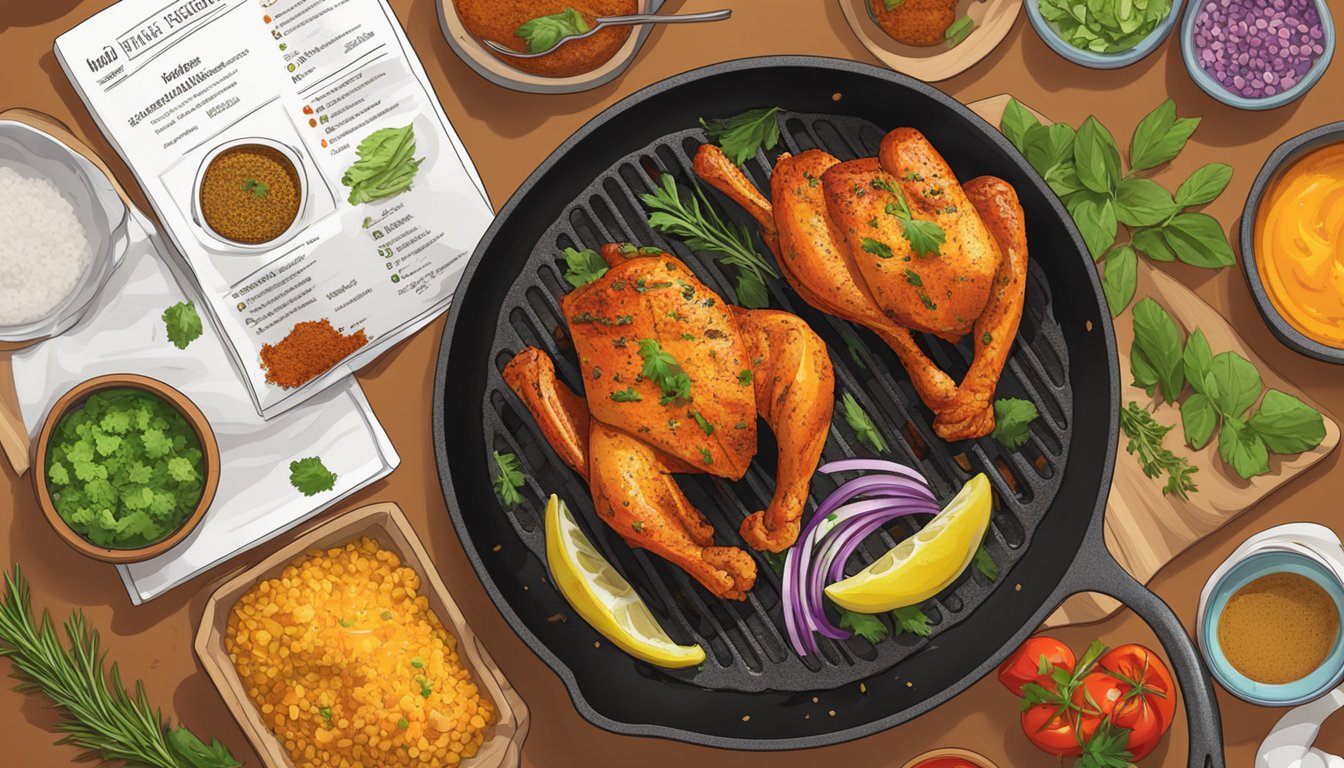 A sizzling skillet with marinated tandoori chicken, surrounded by colorful spices and herbs, with a small bowl of nutritional information nearby