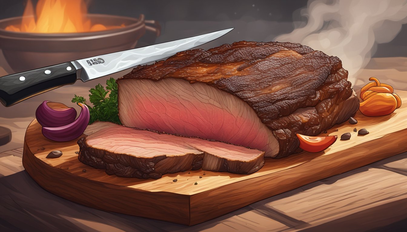 A sizzling brisket rests on a cutting board, smoke rising from its charred edges. A sharp knife hovers above, ready to slice into the tender meat