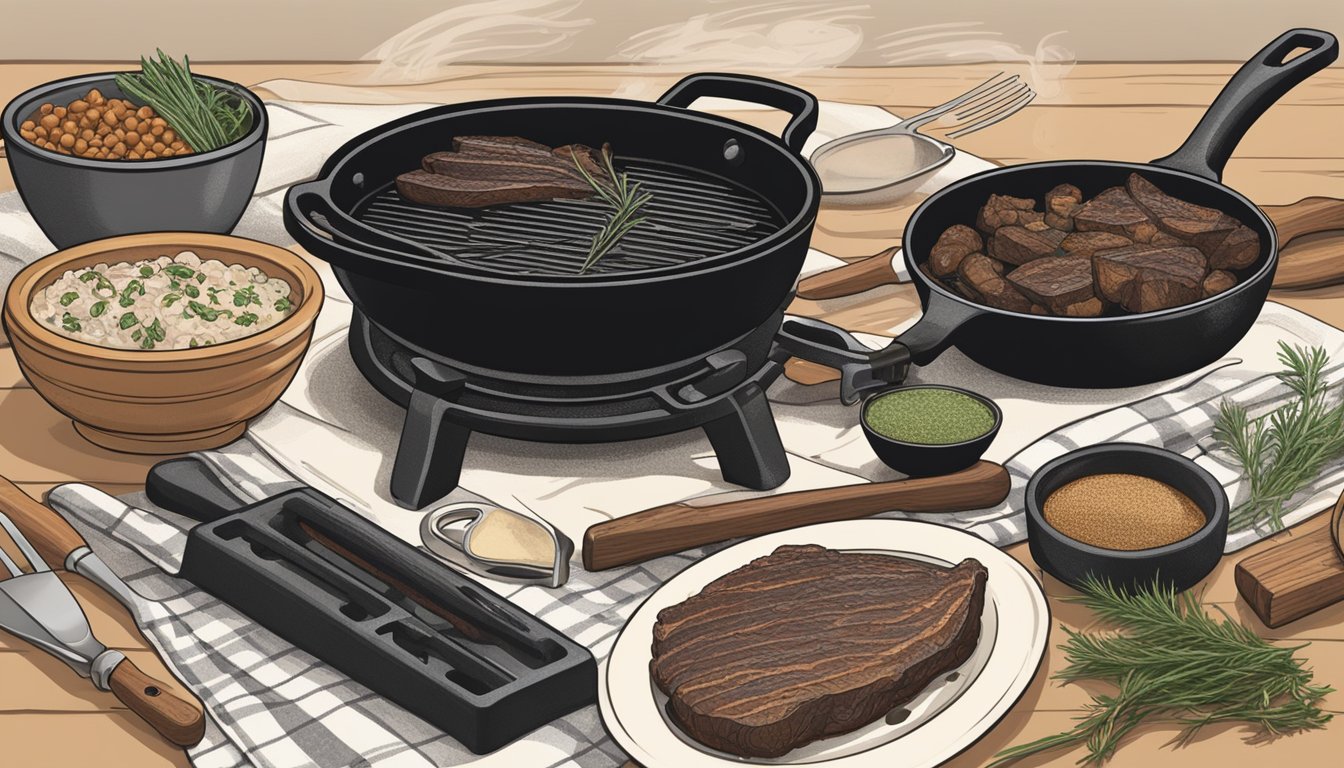 A cast iron skillet sizzling with a smoked brisket on a stovetop, surrounded by various cooking utensils and spices