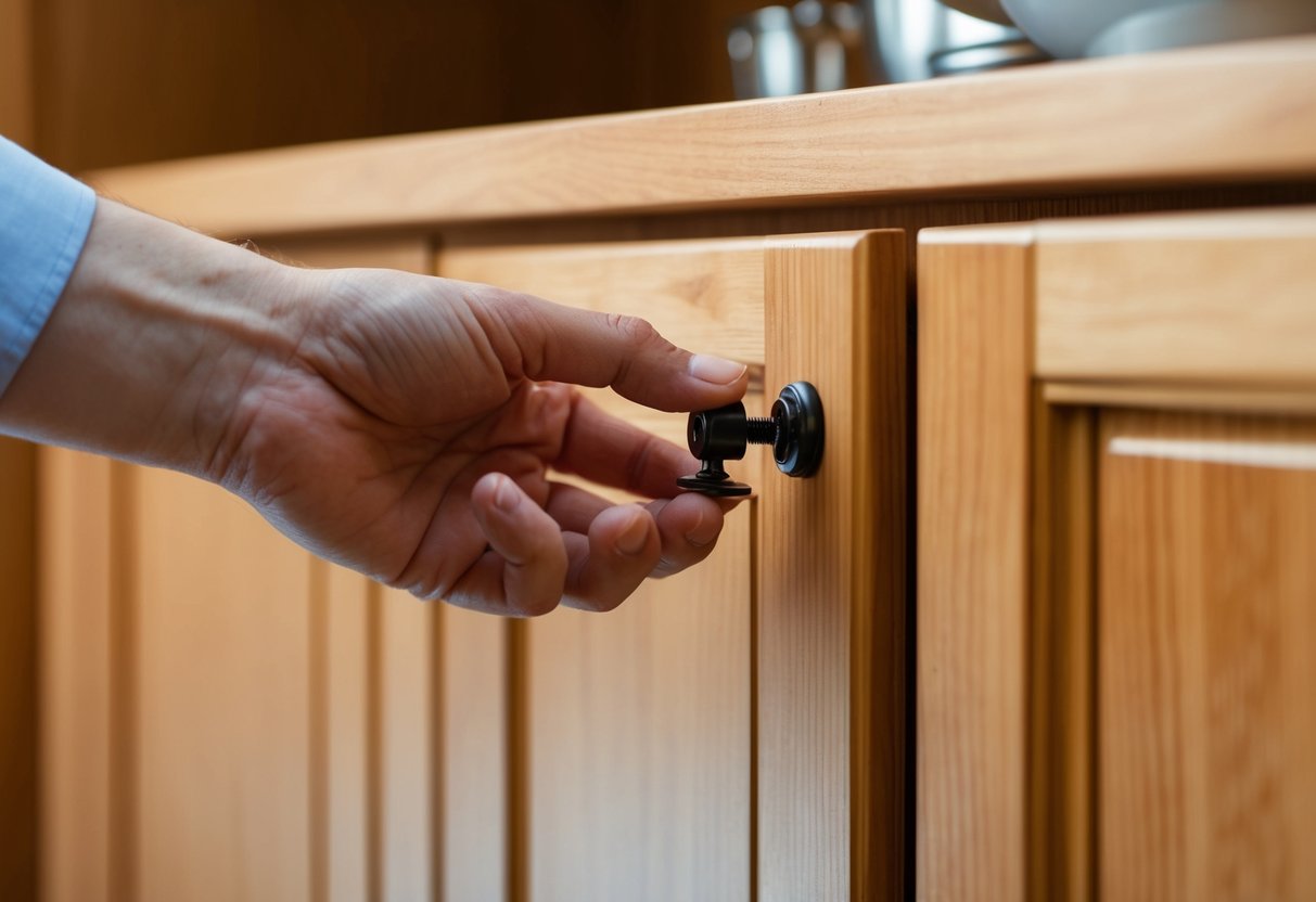 Eine Hand, die nach Möbelbeschlägen greift und diese an einem Holzschrank ersetzt.