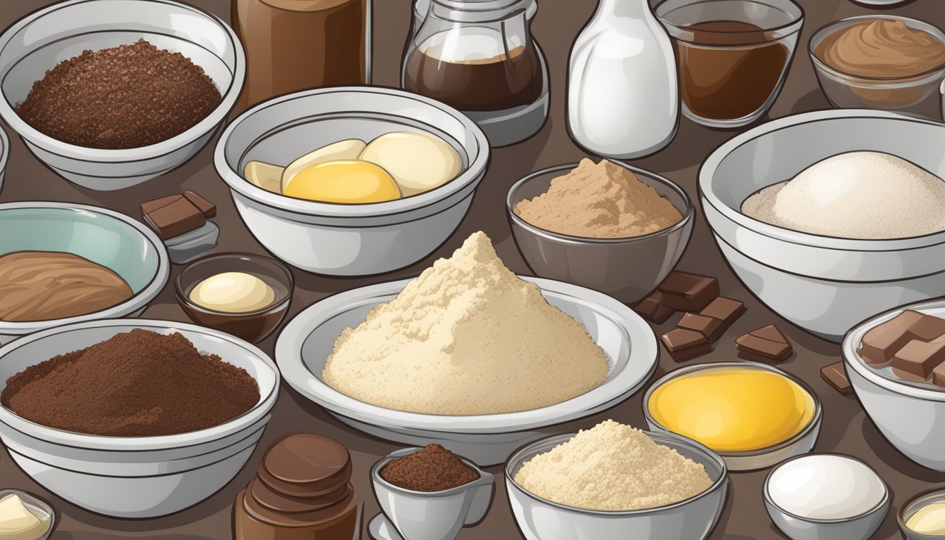 A mixing bowl with flour, sugar, cocoa, and eggs, surrounded by containers of butter, chocolate, and vanilla extract