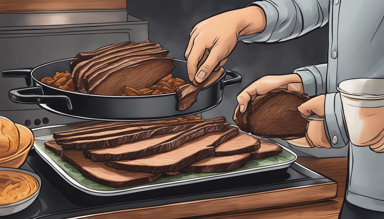 A platter of freshly smoked brisket being taken off the stovetop and prepared for serving