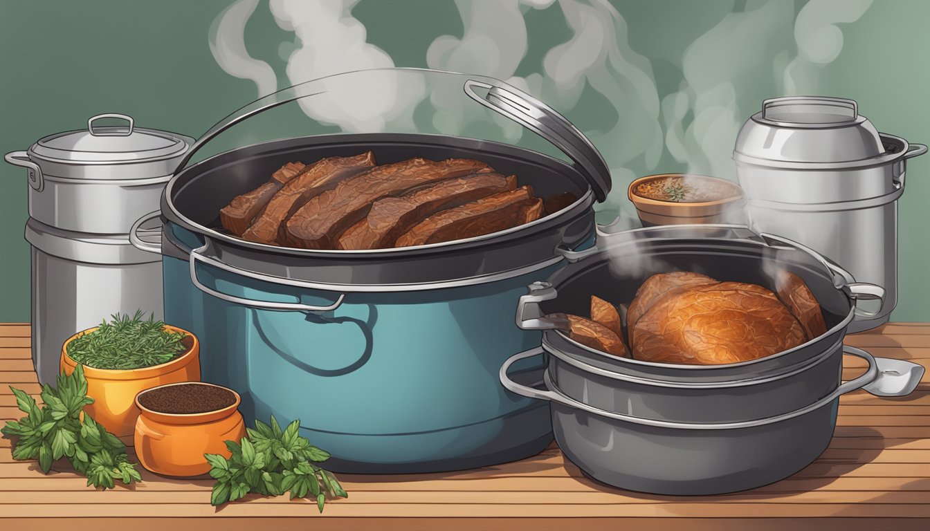 A large pot filled with brisket cooking over a smoky stovetop, surrounded by various herbs and spices