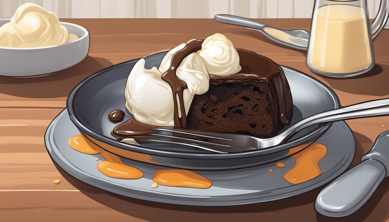 A stovetop molten lava cake is being carefully removed from a small skillet onto a dessert plate, with a scoop of vanilla ice cream on the side