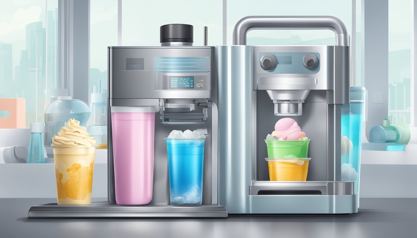 A water bottle filled with ice cream mix sits inside a machine, surrounded by technical components and a sleek, modern design