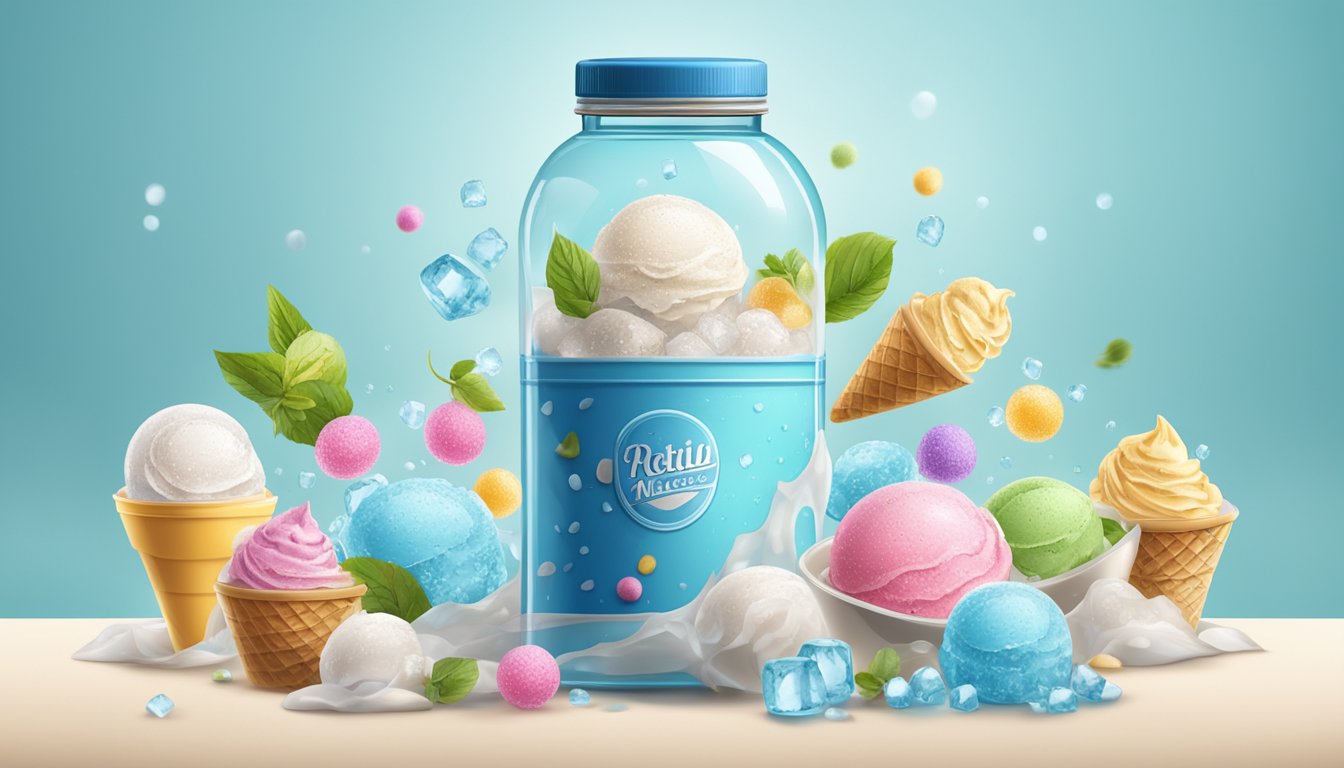 A water bottle filled with ice cream ingredients, surrounded by ice and salt, inside a larger container