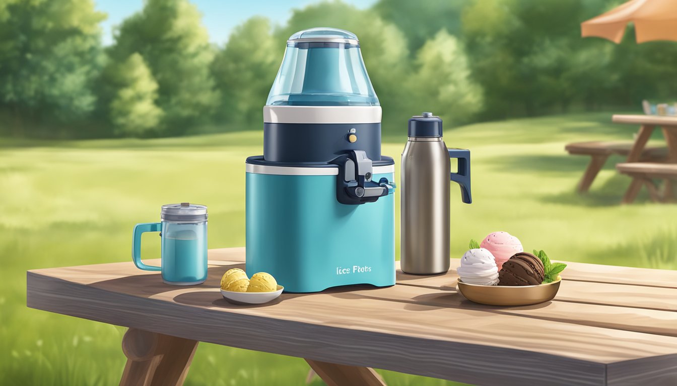 A hand-cranked water bottle ice cream maker in use on a sunny picnic table