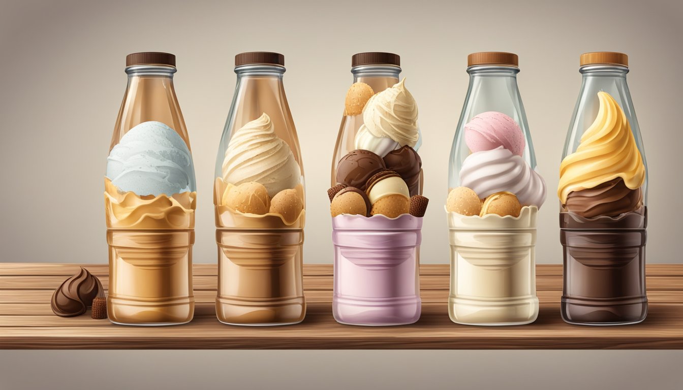 A water bottle is filled with various ice cream textures, from creamy to crunchy, displayed on a rustic wooden table