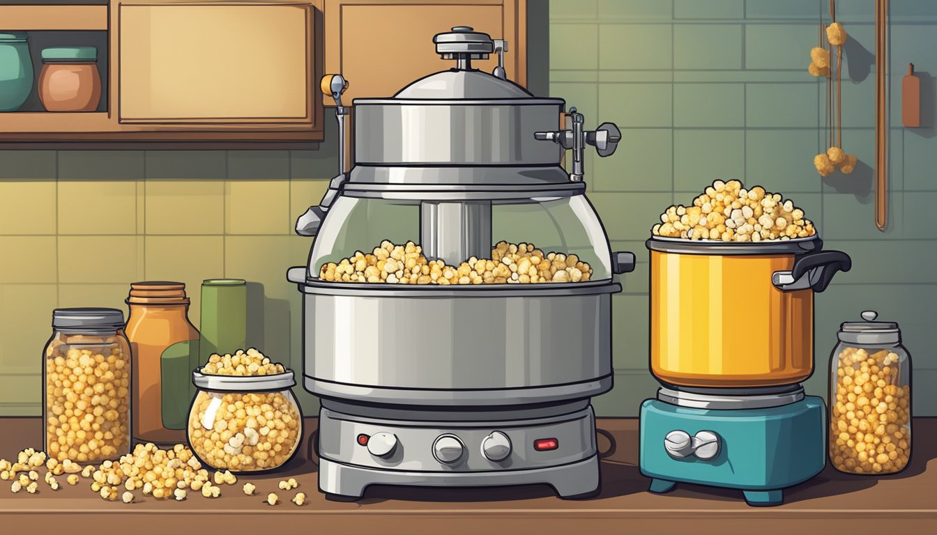 A vintage stovetop popcorn maker sits on a gas burner, surrounded by various jars of colorful popping corn kernels