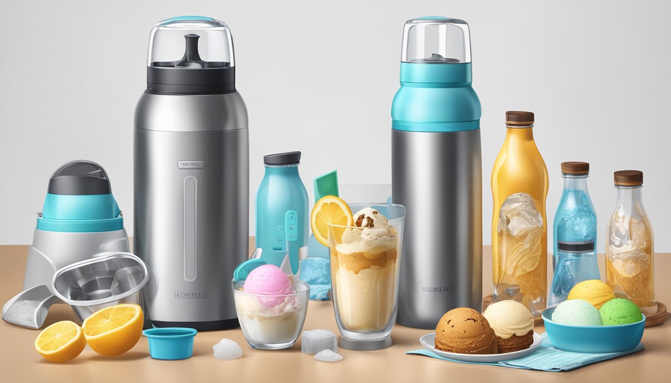 A water bottle with an attached ice cream maker, surrounded by various accessories and add-ons