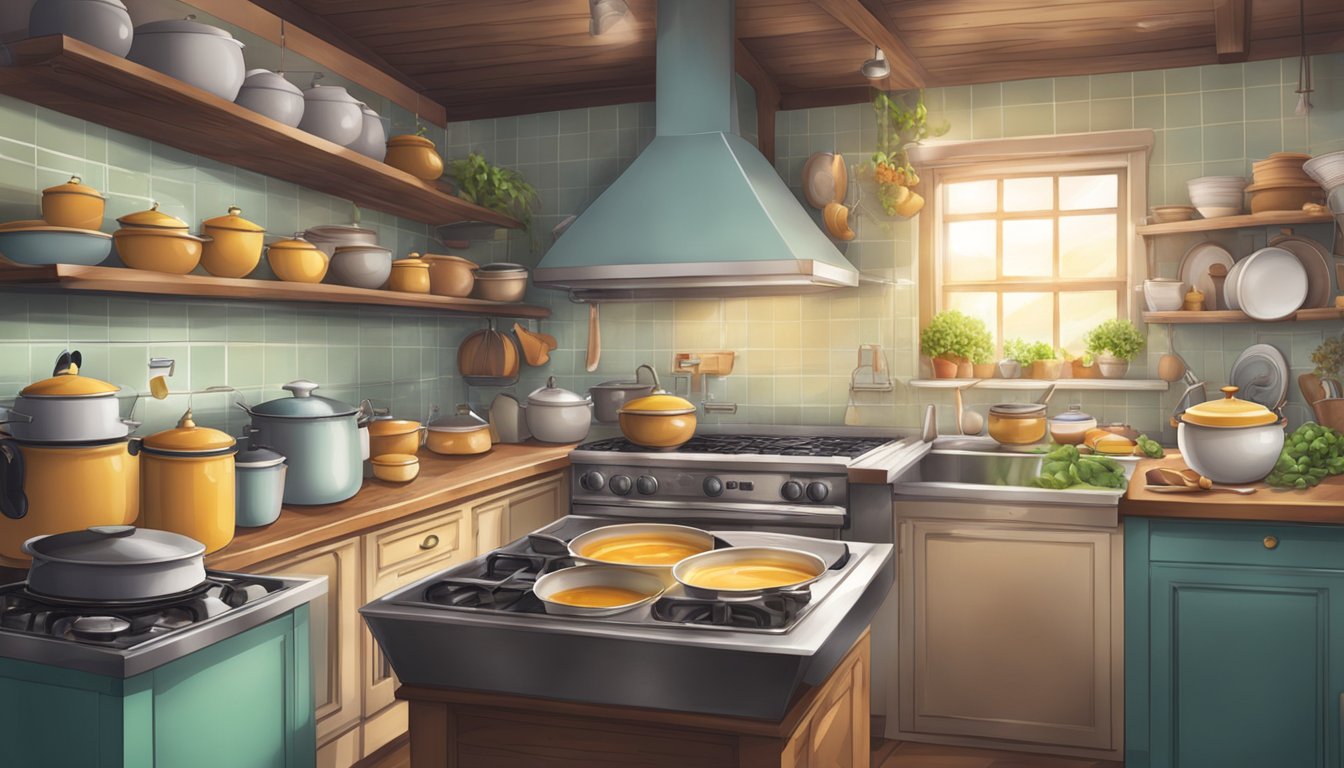 A bustling kitchen with pots bubbling on stovetops, steam rising, and the sweet aroma of pudding filling the air