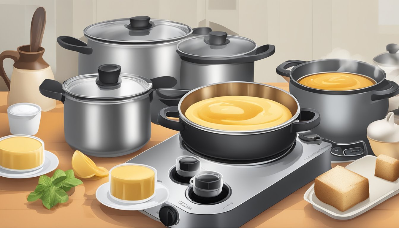 A variety of stovetop pudding pots boiling over on a modern stovetop, surrounded by ingredients and recipe books