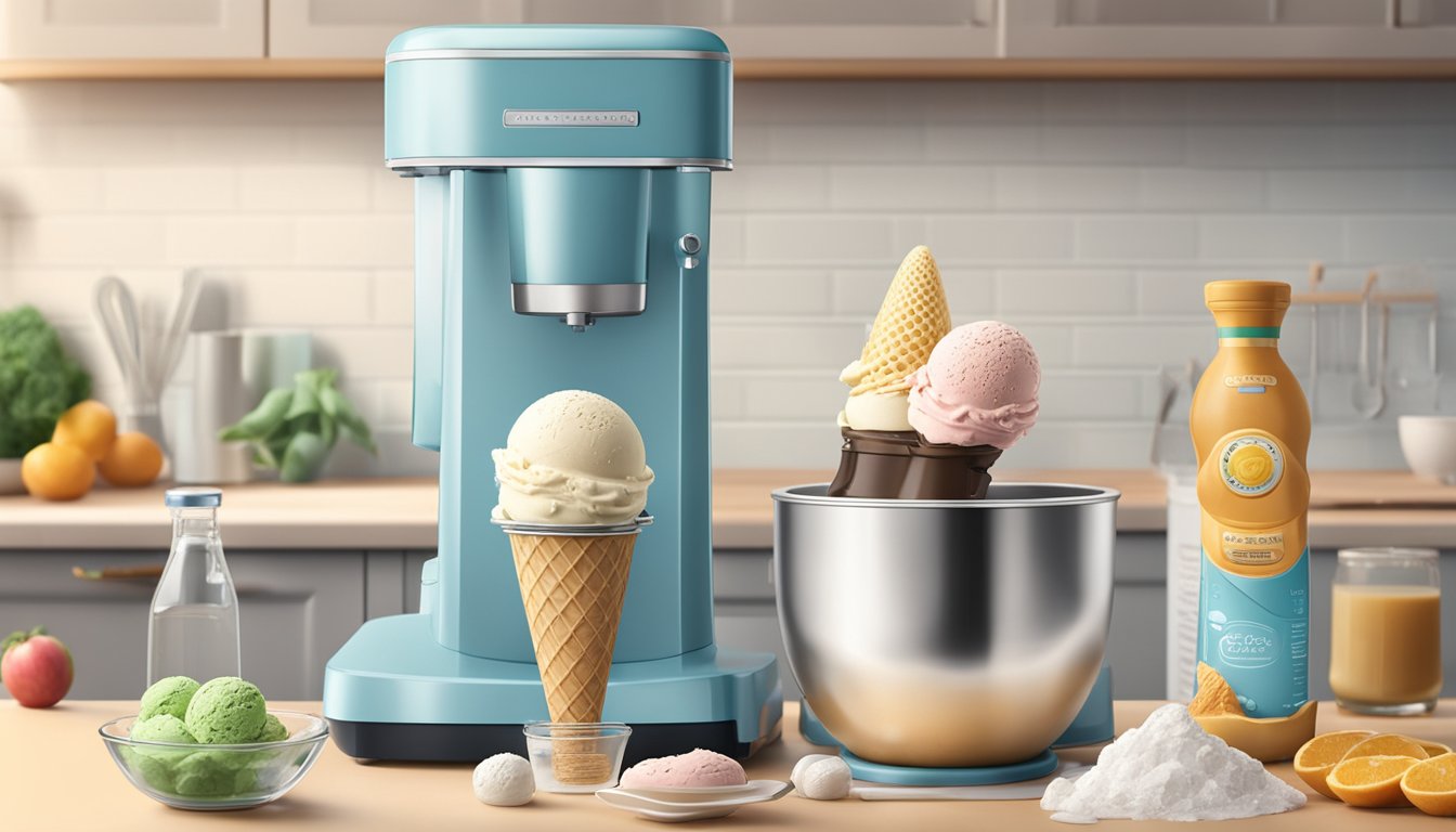 A water bottle ice cream maker sits on a kitchen counter surrounded by fresh ingredients and recipe books. A scoop of creamy ice cream is being lifted out of the machine