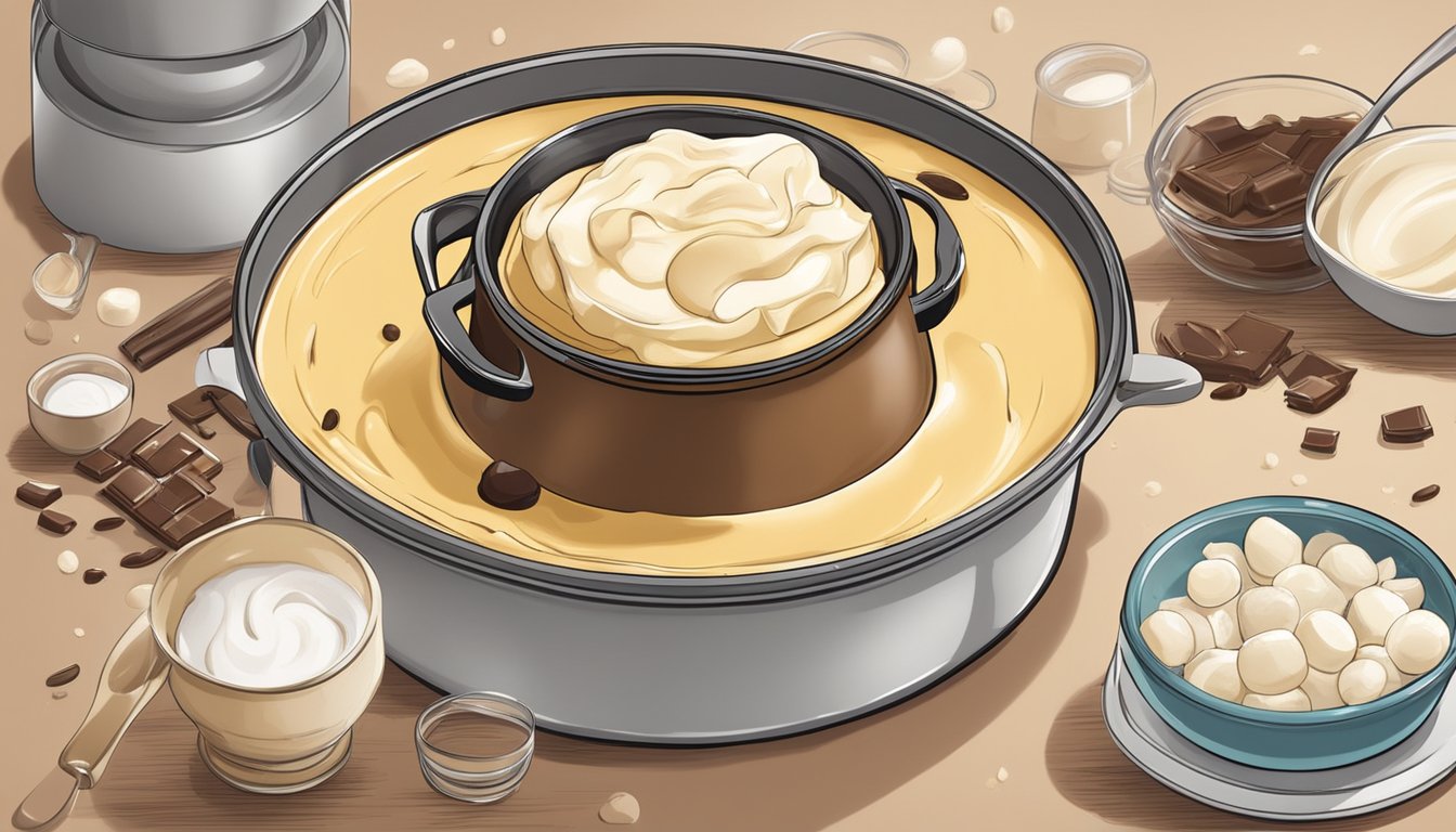 A bubbling pot of creamy pudding on a stovetop, surrounded by scattered ingredients like vanilla beans and chocolate shavings