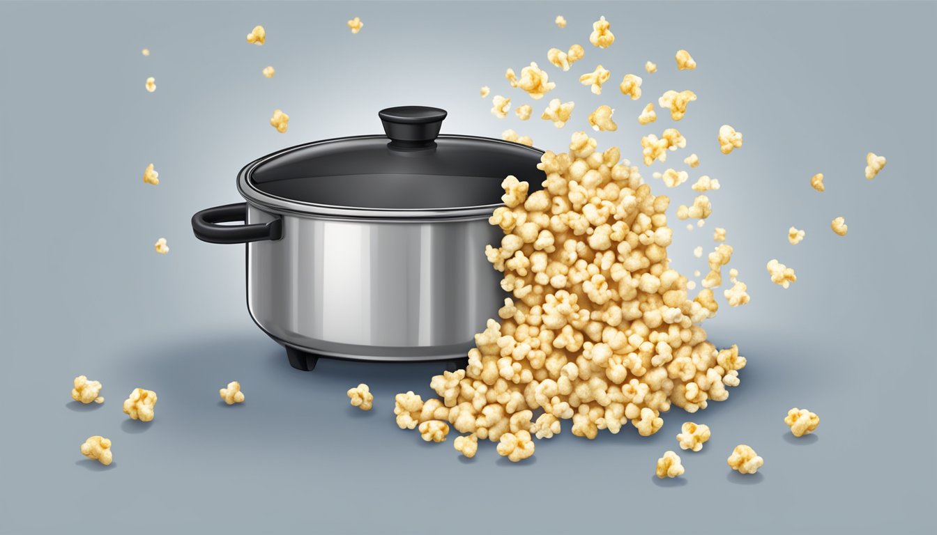 A stovetop popcorn pot with kernels popping and steam rising