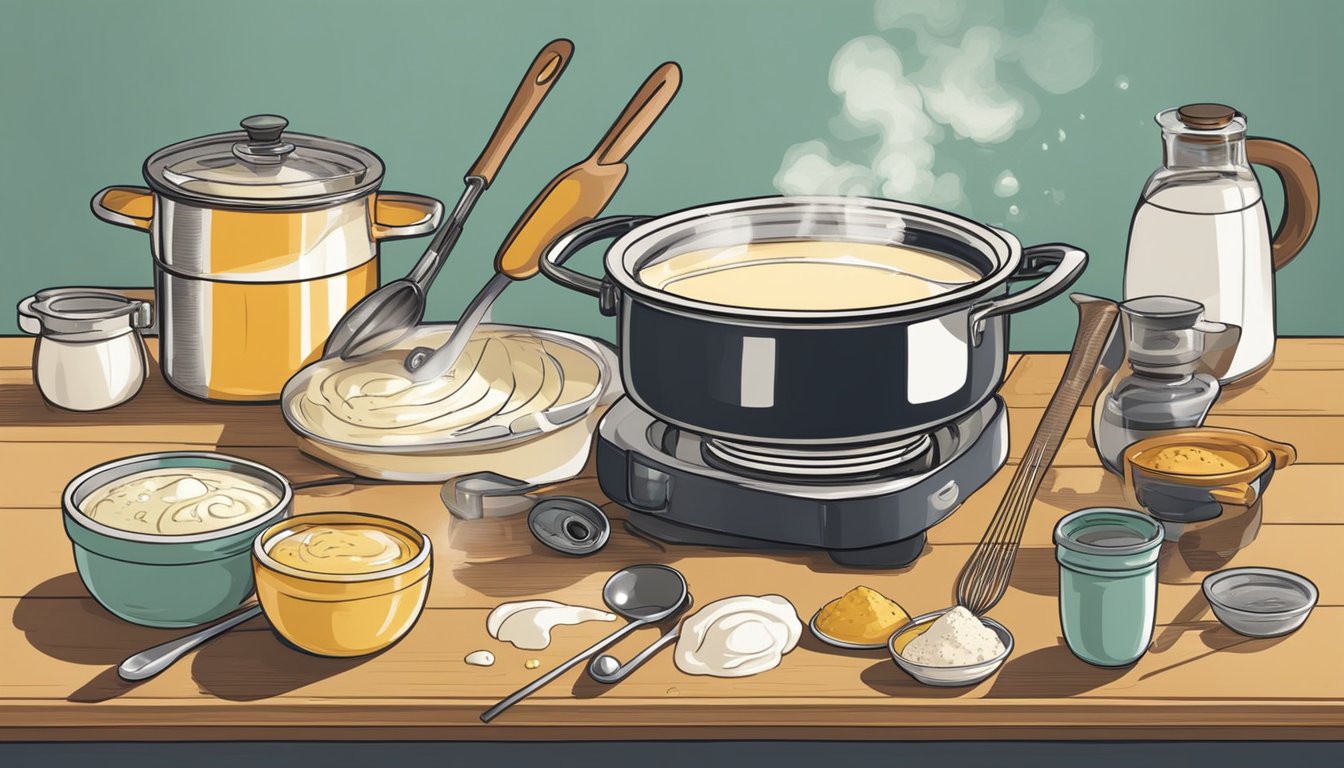 A pot of creamy pudding simmers on a modern stovetop, surrounded by various kitchen tools and ingredients. The chef carefully stirs the mixture with a wooden spoon, steam rising from the pot