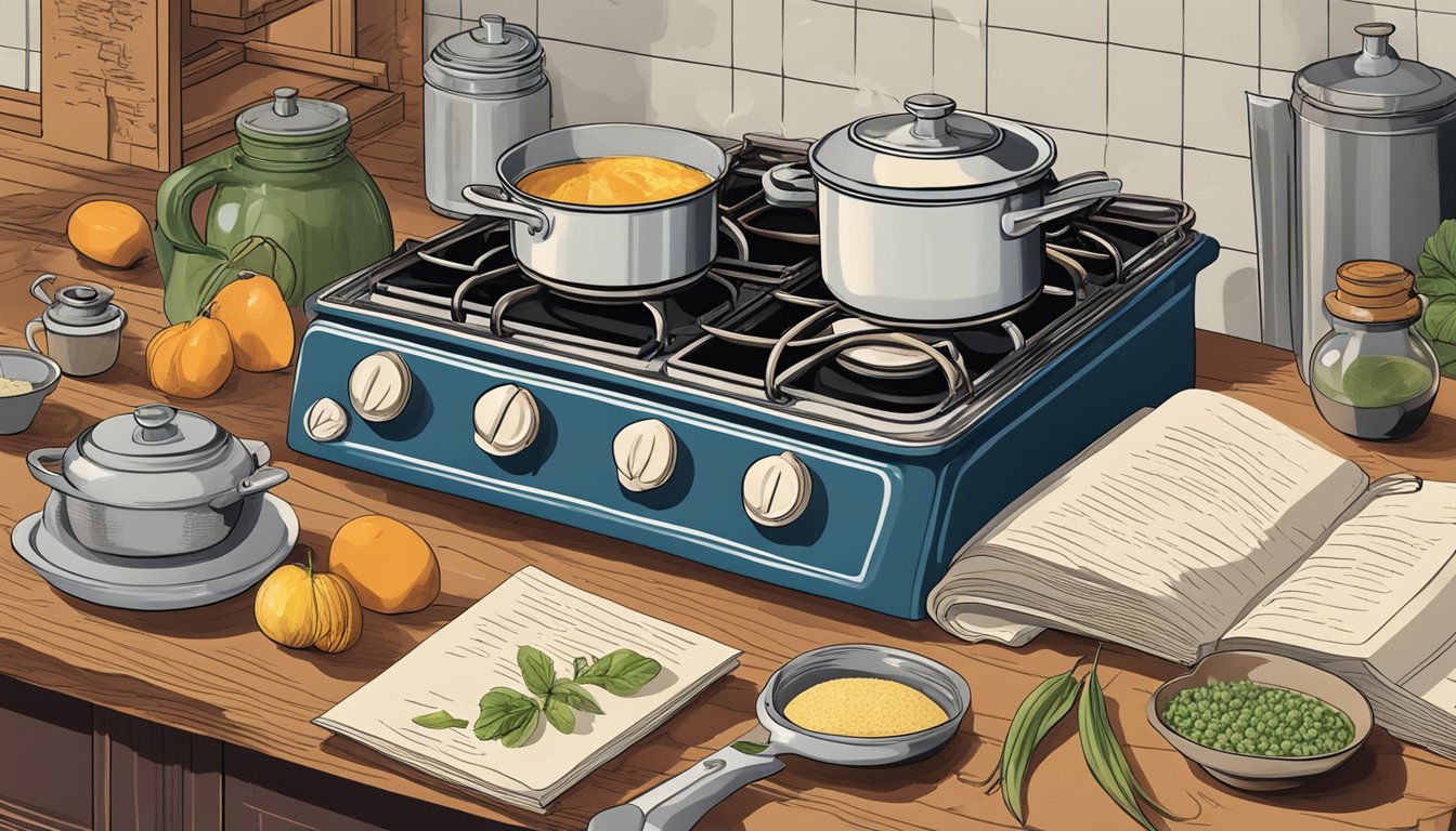 A vintage stovetop with pots bubbling over, surrounded by recipe books and ingredients