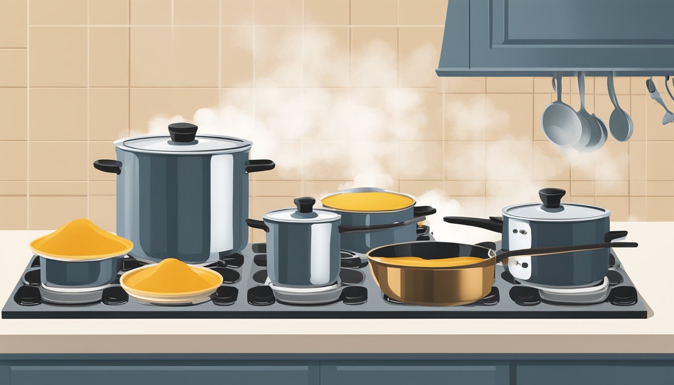 A modern kitchen with various pots and pans on a stovetop, with steam rising from a pot of pudding being stirred by a wooden spoon