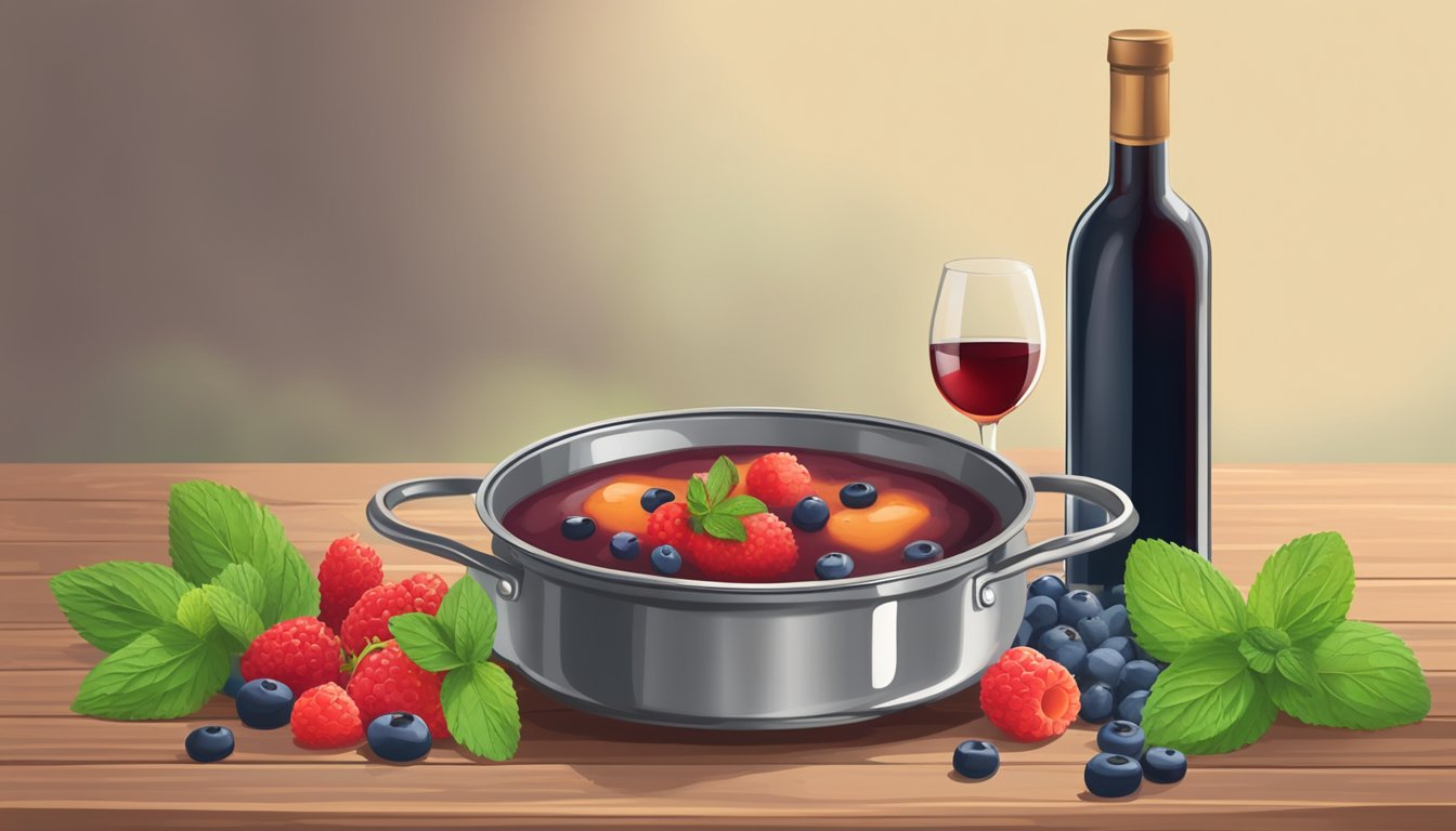 A stovetop pudding simmering on a rustic wooden table, surrounded by fresh berries, mint leaves, and a bottle of wine