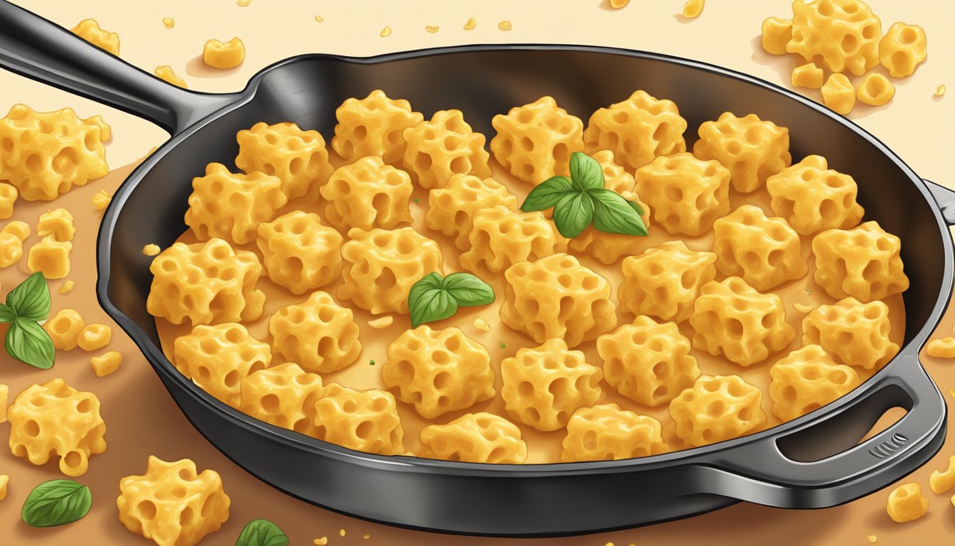 Golden crispy mac and cheese bites sizzling in a pan