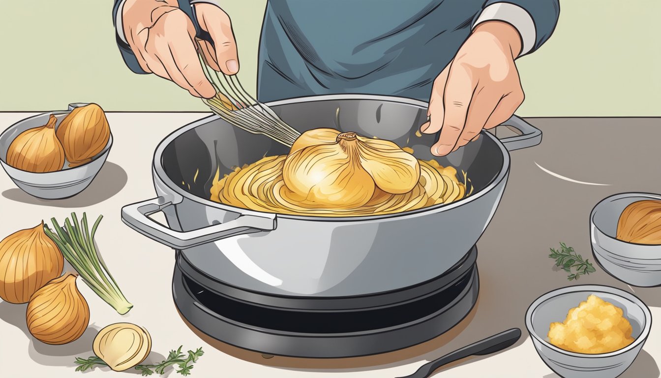 A hand dipping a whole onion into a bowl of batter, then gently placing it into a sizzling fryer