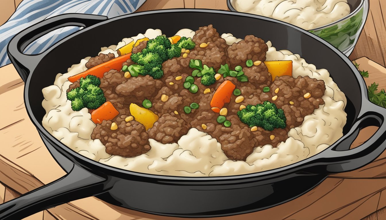 A bubbling pot of seasoned ground meat and vegetables, topped with a layer of creamy mashed potatoes in a cast iron skillet