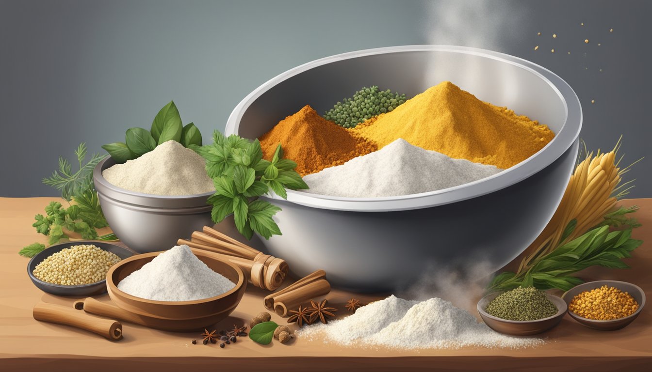 A mixing bowl filled with flour, cornstarch, and seasonings, surrounded by a variety of spices and herbs