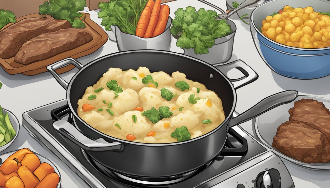 A pot of bubbling mashed potatoes, sizzling meat, and colorful veggies on a stovetop