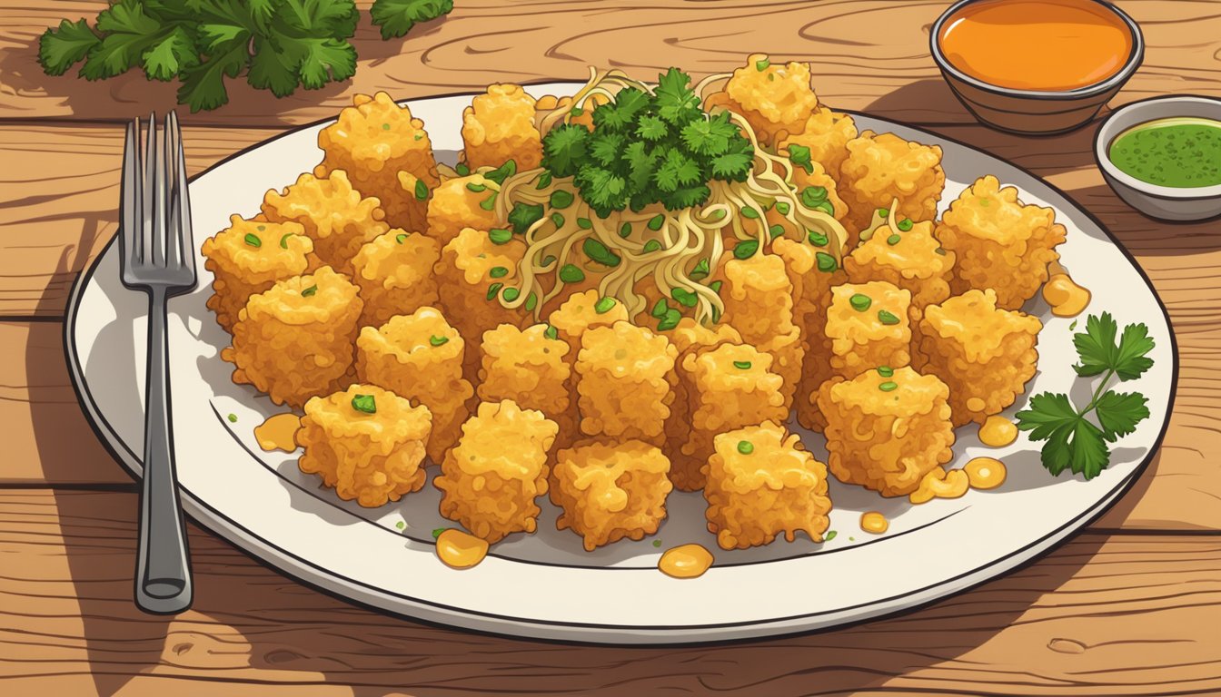 A plate of fried mac and cheese sits on a wooden table, garnished with parsley and drizzled with hot sauce