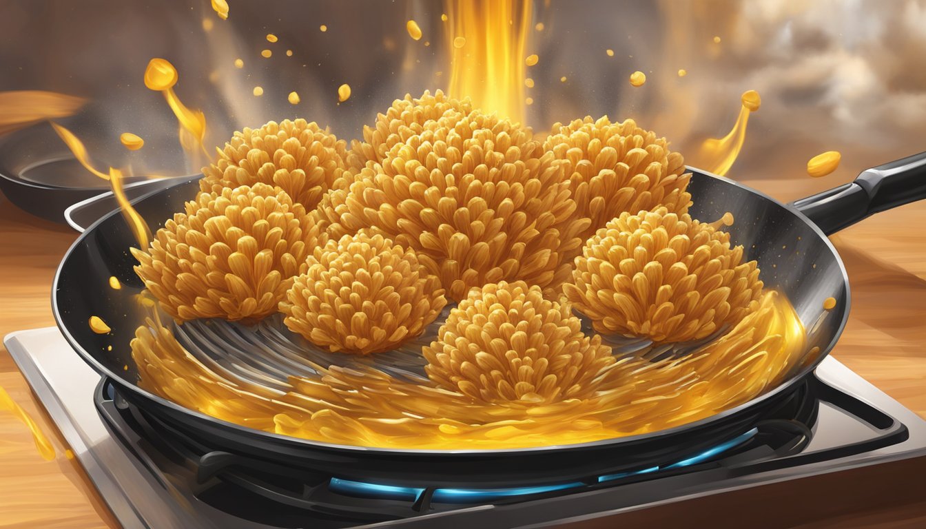 A golden blooming onion sizzles in bubbling oil, surrounded by the heat of a frying pan