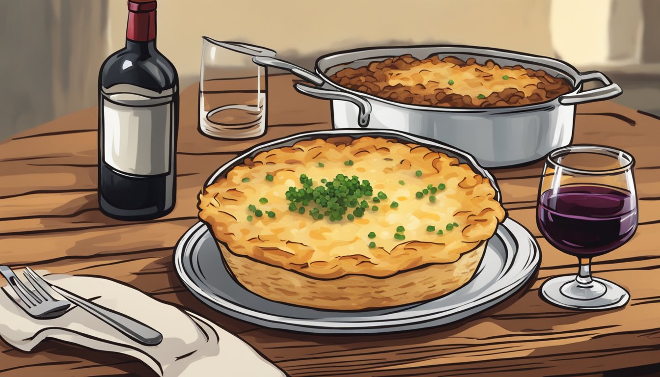 A steaming stovetop shepherds pie being served on a rustic wooden table, paired with a glass of red wine