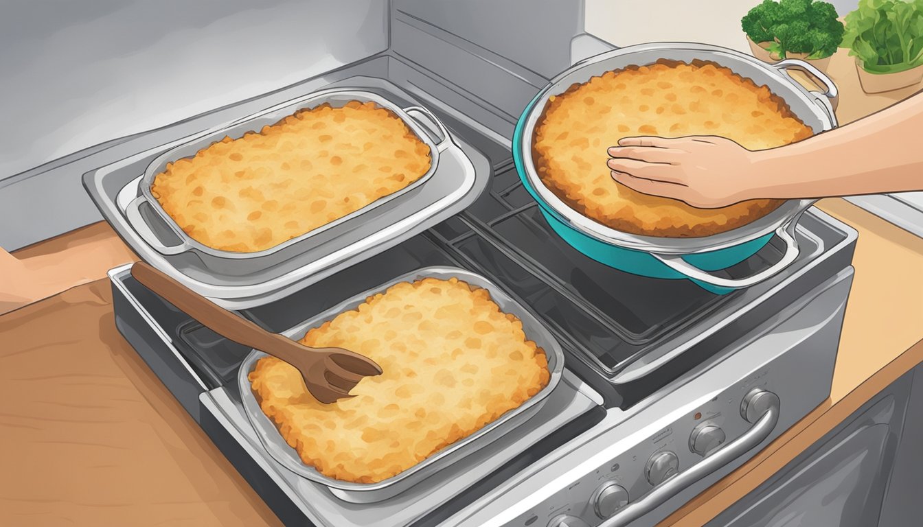 A hand placing a covered dish of shepherd's pie in the refrigerator, then removing it and reheating it on the stovetop