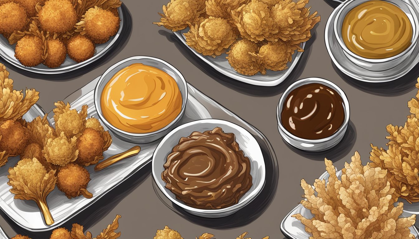 A variety of dipping sauces arranged around a golden, crispy blooming onion on a serving platter