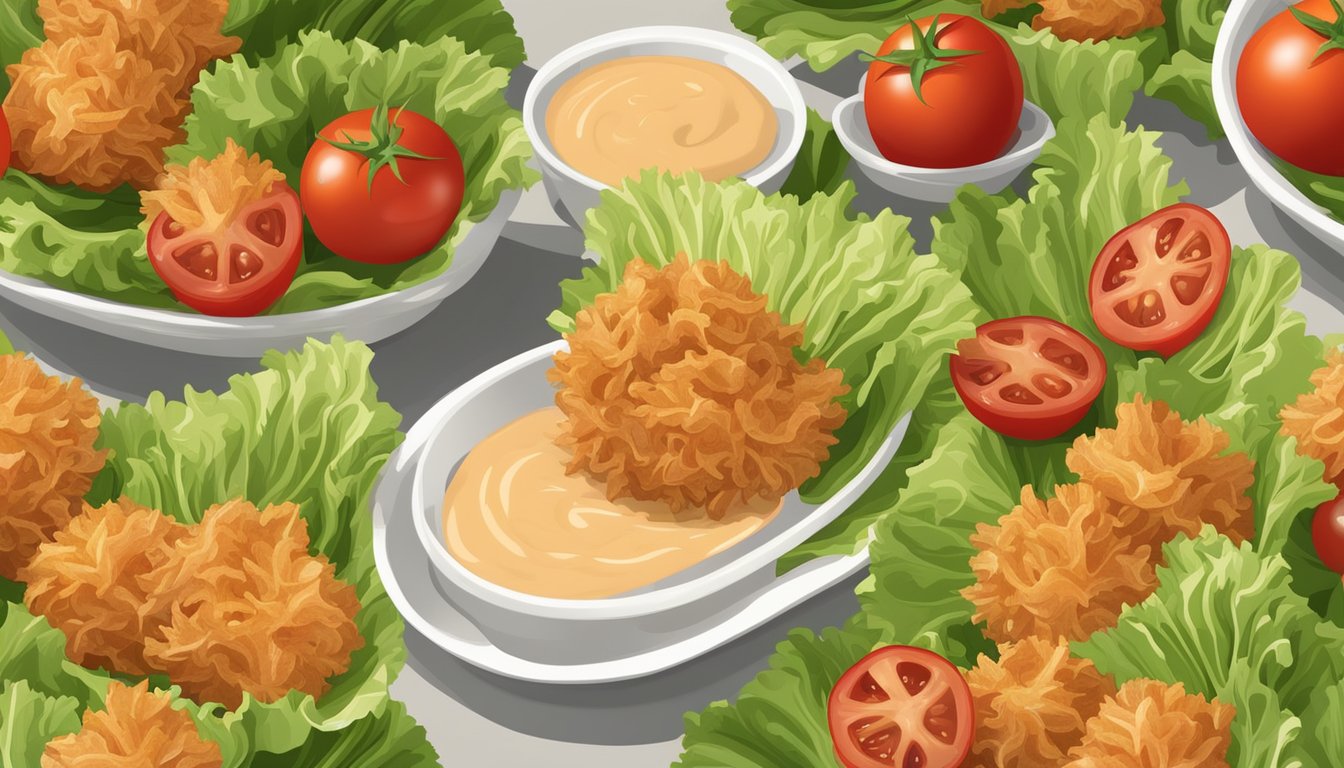 A golden, crispy blooming onion surrounded by a bed of fresh lettuce and tomatoes, with a side of creamy dipping sauce