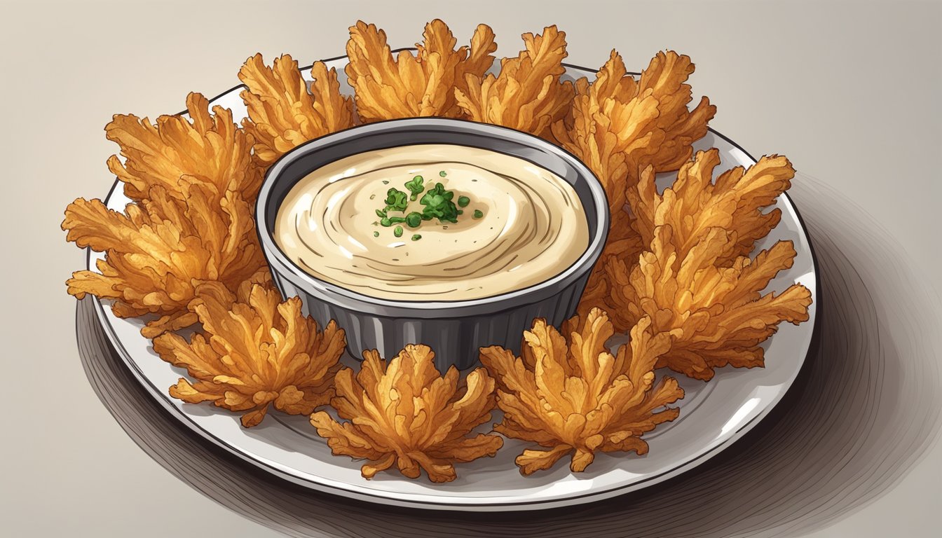 A golden fried blooming onion on a white serving platter with a side of dipping sauce