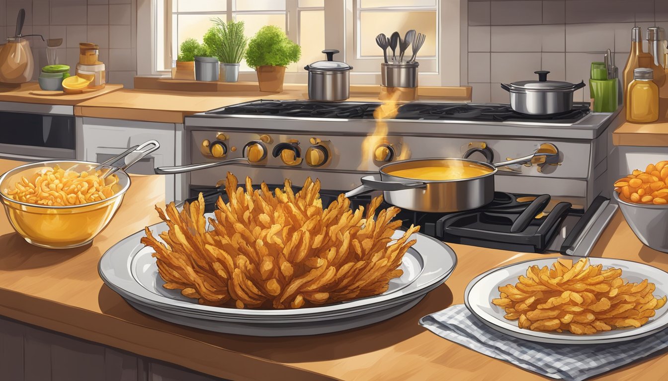 A sizzling blooming onion frying in golden oil, surrounded by expertly arranged ingredients and cooking utensils on a clean kitchen counter