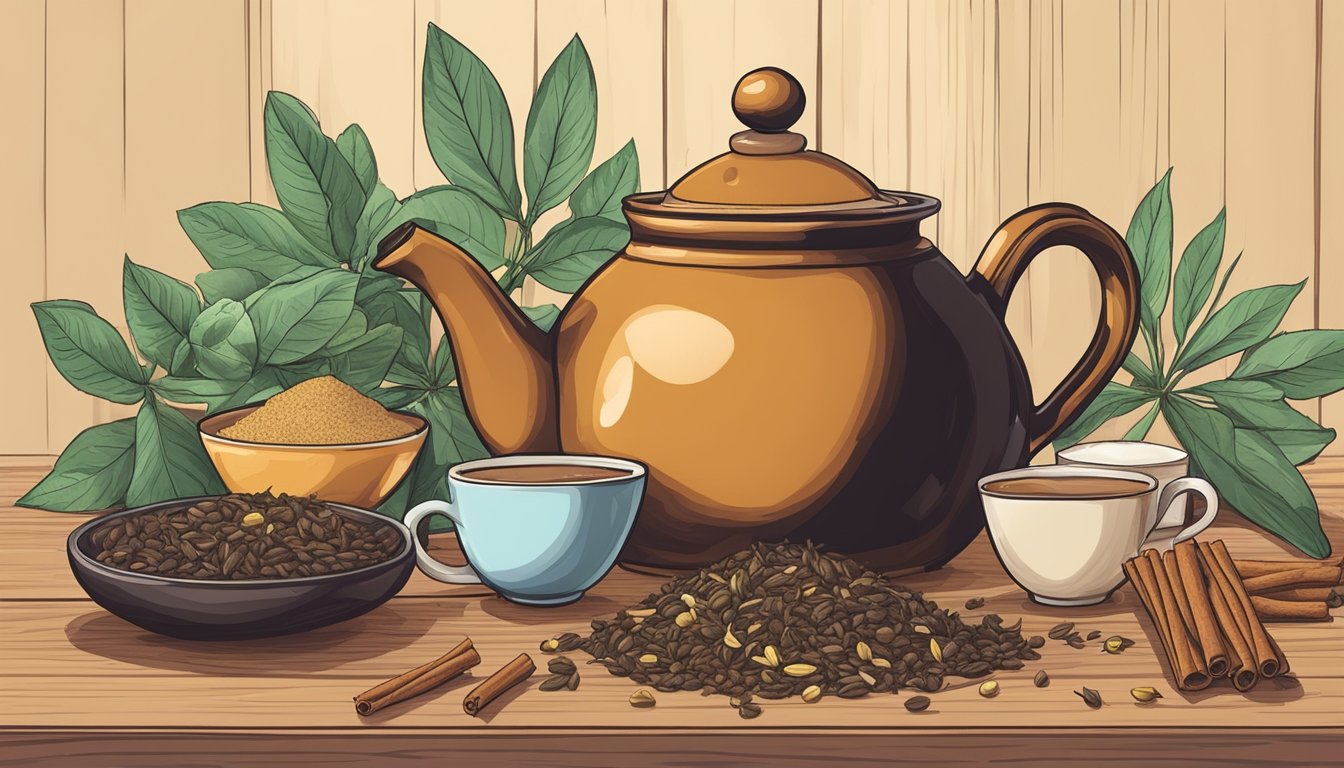 A teapot surrounded by chai ingredients - cardamom, cinnamon, ginger, cloves, and black tea leaves - sits on a wooden table