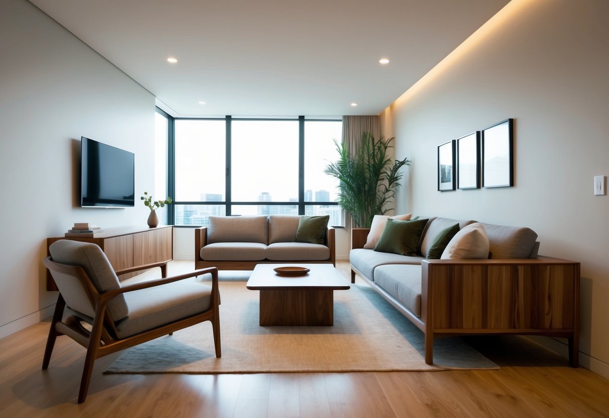 Ein elegantes, minimalistisches Wohnzimmer mit modernen, massiven Holzmöbeln. Klare Linien und warme Töne schaffen eine zeitgenössische, aber dennoch gemütliche Atmosphäre.